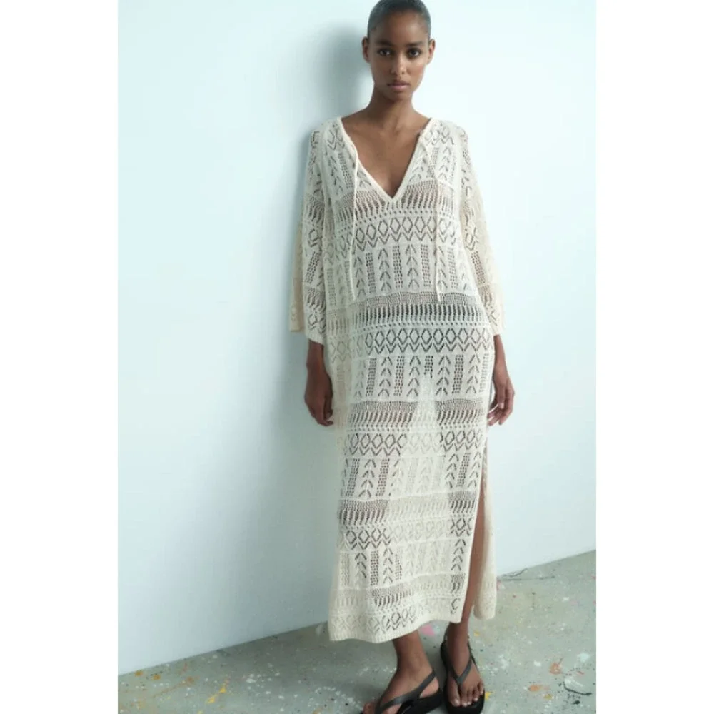 ZARA Crochet Maxi Dress Sheer Open Knit Long Sleeve Beach Cover Up Dress, Cream - Picture 14 of 14
